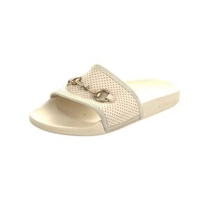 Gucci Mules Perforated Ivory Leather Suede Trim Rubber Sole Sandal Slides Sz 38